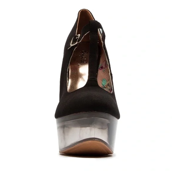 GLAM PLATFORM BLACK T-STRAP WEDGE SANDAL HEEL - Picture 4 of 4